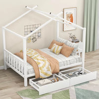 Metal Full House Bed for Kids, Full Montessori Bed with 2 Drawers, Full Size Platform Bed Frame with Roof, Headboard & Footboard, House Storage Platform for Kids, Teens, Girls and Boys, White