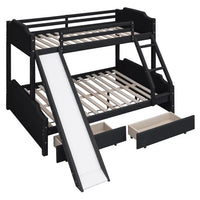 Twin Over Full Upholstered Bunk Bed with Slide and 2 Drawers, Solid Wood Bunk Bed Frame with Convertible Slide and Ladder, Headboard and Footboard, Bedroom Bedframe, No Spring Box Required, Expresso