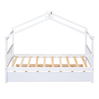 Twin Size House Bed Frame, Wood Platform Bed with Twin Size Trundle, Decorative Canopy Bed Top, Sturdy Frame Wood Legs Supprot, No Box Spring Needed, White