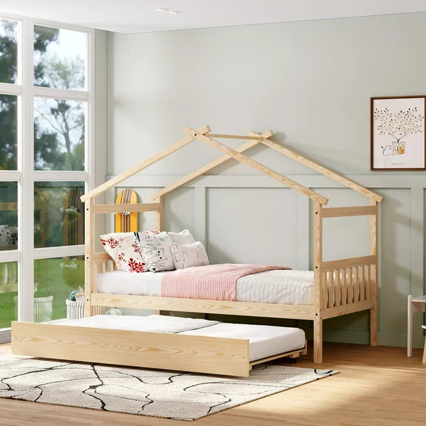 Twin Size House Bed Frame, Wood Platform Bed with Twin Size Trundle, Decorative Canopy Bed Top, Sturdy Frame Wood Legs Supprot, No Box Spring Needed, Natural