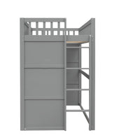 Twin Size Loft Bed with Windows and Door, Solid Wood Loft Bed Frame with Ladder and Safety Guardrails House Loft Bed for Kids Boys Girls, No Box Spring Needed, Gray