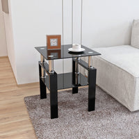 Tempered Glass Tea Table with Storage Shelf, Minimalist Style Small Coffee Table with Metal Legs Support, Sofa Side Table End Table Beside Table Console Table for Living Room, Bedroom, Black
