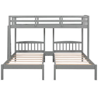 Twin Over Twin & Twin Bunk Bed with Built-in Middle Drawer and Ladder, Wooden Bunk Bed with Guardrails for 3, Triple Bunk Bed for Kids Teens Adults, Space Saving Loft Bed for Bedroom, Gray