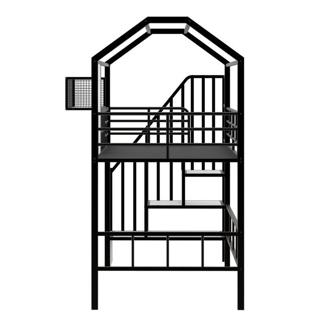 Twin Size Loft Bed with Roof Design and a Storage Box, House-Shaped Metal Loft Bed Frame with Staircase and Full-Length Guardrail, Twin House Loft Bed for Kids Girls and Boys, Easy Assemble, Black