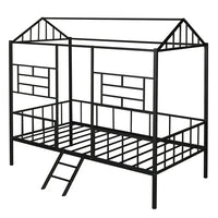 Twin Size House Bed, Metal House Bed Frame with Slatted Support, Low Loft Bed for Kids with Ladder and Full-Length Guardrail, Playhouse Bed with Roof, Window and Door Design for Boys and Girls, Black