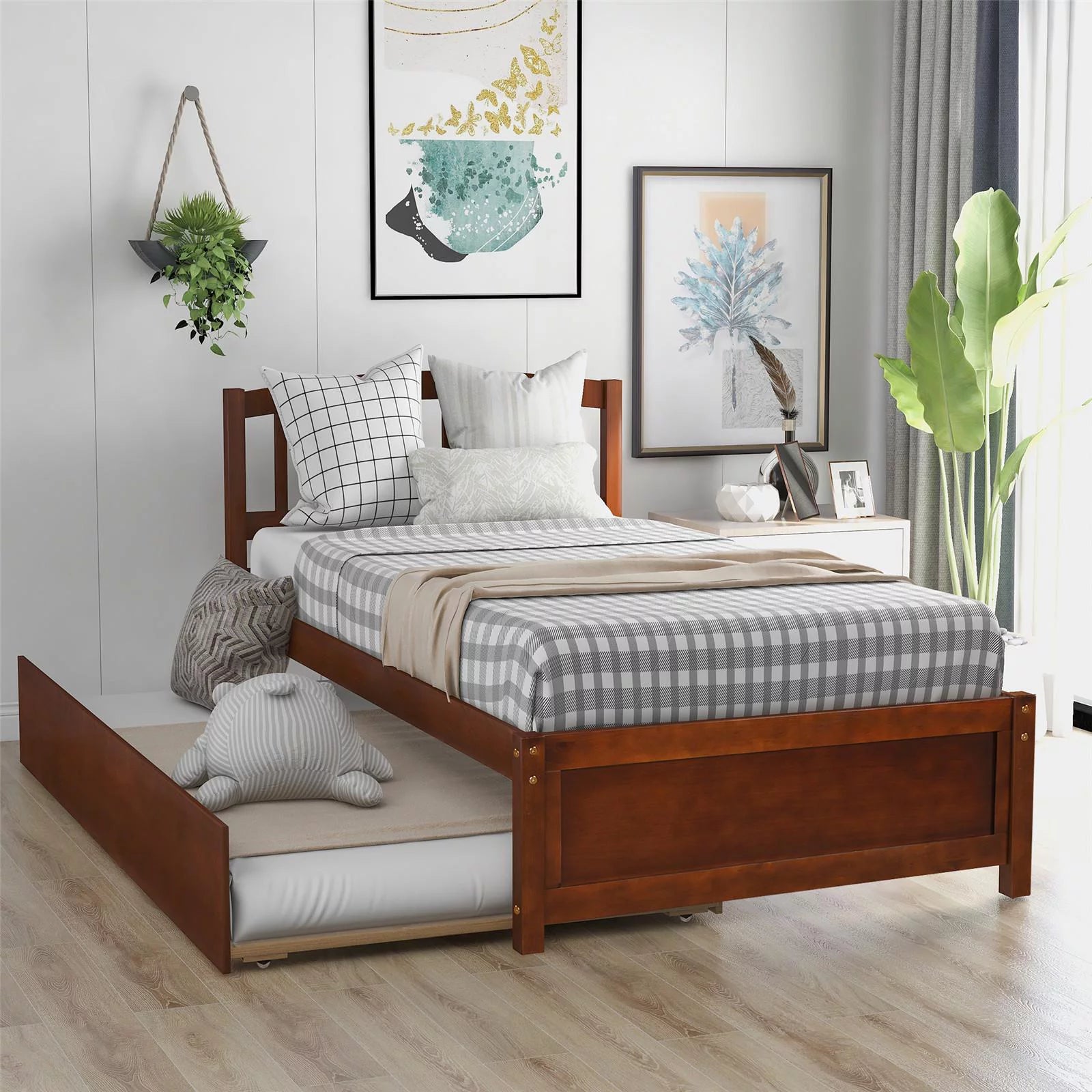 Twin Size Platform Bed Wood Bed Frame with Trundle, Mattress Foundation, Wood Slat Support, No Box Spring Needed, Easy Assembly, Walnut