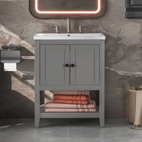 24" Bathroom Vanity with Sink Top, Bathroom Sink Cabinet with Doors and Open Shelf, Modern Small Bathroom Vanity Cabinet Set with Sink Combo, Solid Wood Frame, Ceramic Sink, Gray