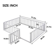 Full Size Floor Bed for Kids, Wood Full Montessori Bed Frame with Fence Guardrails and & Support Slats, Full Playhouse Bed with Door Design, Kids Fence Bed Playpen Bed for Boys ,Girls, White