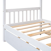 Twin Size House Bed Frame, Wood Platform Bed with Twin Size Trundle, Decorative Canopy Bed Top, Sturdy Frame Wood Legs Supprot, No Box Spring Needed, White