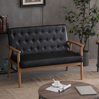 Loveseat Sofa, Mid-Century Sofa Couch for 2, Wooden Loveseat Sofa Modern Upholstered Loveseat Sofa Living Room 2-Seater Lounge Accent Chair, PU-Black