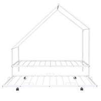 Twin Size House Bed with Trundle, Tent Metal Bed Frame, Floor Play House Bed with Slat, Montessori Beds Metal Canopy Bed Frame, No Box Spring Needed, White