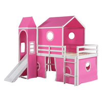 Twin Size Castle Shaped Floor Bunk Bed, House Bunk Bed with Slide Tent and Roof, Wood Loft Bed with Curtains and Tower for Kids Girls Boys Teens Bedroom