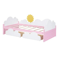 Girls Twin Size Bed with Clouds and Sunflower Decor, Solid Wood Platform Bed Frame with 2 Drawers, Twin Bed Frame with Sturdy Slats Support for Kids Bedroom, No Box Spring Needed, Space-Saving Design