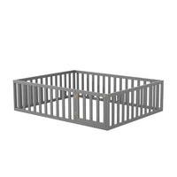 Queen Size Floor Bed with Fence and Door, Wood Bed Frame with Safety Guardrails, Home Furniutre for Kids Girls and Boys Bedroom Dorm, Easy Assembly, Gray