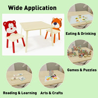 Kids Table and Chair Set, 3 Pieces Toddler Play Table and Chairs Set, Wood Table with 2 Cartoon Animals Chairs for Playroom Kindergarten (Bear and Tiger)