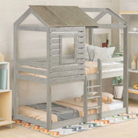 Twin Over Twin House Bunk Bed, Wood Twin Loft Bunk Bed Frame with Safety Guardrail and Ladder, Low Floor Twin Bunk Bed with House Roof & Window for Kids Teens Boys and Girls, Antique Gray