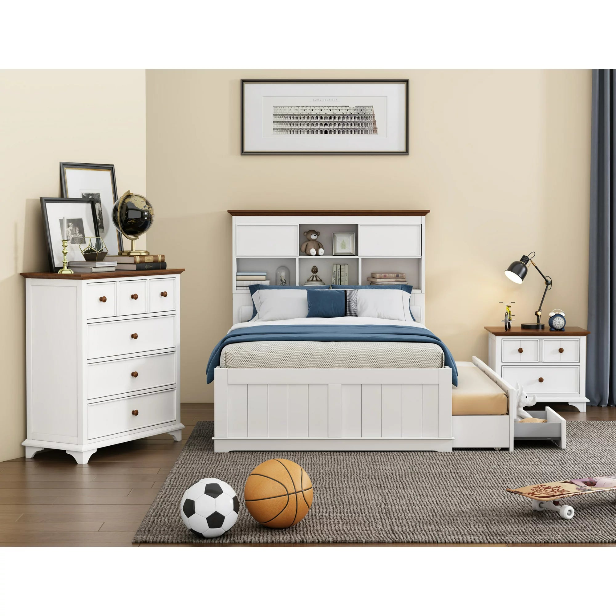 3 Pieces Wooden Captain Bedroom Set, Full Bed Frame with Trundle & Nightstand & Chest, Storage Bookcase Headboard Design, for Kids, White+Walnut