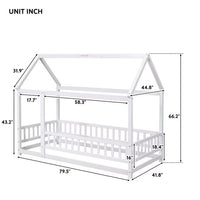 Twin Size Floor Bed Frame for Kids,Montessori Floor Bed with House Roof Frame and Fence Guardrails,Low Wooden Playhouse Bed for Girls and Boys,White