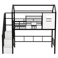 Twin Size Loft Bed with Roof Design and a Storage Box, House-Shaped Metal Loft Bed Frame with Staircase and Full-Length Guardrail, Twin House Loft Bed for Kids Girls and Boys, Easy Assemble, Black