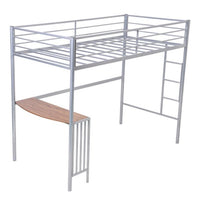 Twin Metal Loft Bed Frame with Desk, Loft Bed with Built-in Ladder and Full-length Guardrail, Space Saving Design, Silver