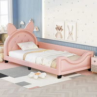 Twin Size Upholstered Daybed, Wood Low Platform Day Bed Frame with Cat Ears Shaped Headboard & Curved Footboard, PU Leather Sofa Bed Frame with Button Tufted Decoration & Nailhead Trim for Kids, Pink