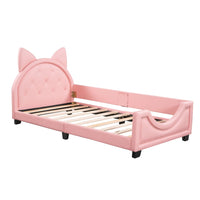 Twin Size Upholstered Daybed, Wood Low Platform Day Bed Frame with Cat Ears Shaped Headboard & Curved Footboard, PU Leather Sofa Bed Frame with Button Tufted Decoration & Nailhead Trim for Kids, Pink