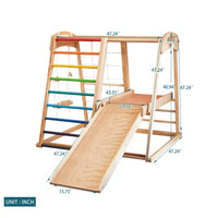 Indoor Playground Jungle Gym Kids, Toddlers Wooden Climber Playset 7 in 1 Slide, Rock Climb Wall, Rope Wall Climbing, Monkey Bars, Swing, Small Family Amusement Park for Children Ages 2 - 10years