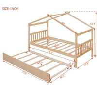 Twin Size House Bed Frame, Wood Platform Bed with Twin Size Trundle, Decorative Canopy Bed Top, Sturdy Frame Wood Legs Supprot, No Box Spring Needed, Natural