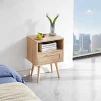 15.75" Rattan Night Stand with Power Outlet & USB Ports,End Table with Drawer and Open Shelf,Bedside Tables with Solid Wood Legs,Modern Side Table for Living Roon,Bedroom,Natural