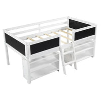 Twin Size Low Loft Bed with Two Movable Shelves and Chalkboard, Wood Loft Bed with Ladder and Guardrail for Kids Boys Girls, White 78.3''Lx41.7''Wx35.6''H