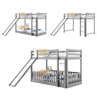 Twin Over Twin Floor Bunk Bed with Fence and Safety Guardrail, Wood Low Beds Frame with Convertible Slide and Built-in Ladder for Kids Teens Boys Girls, No Box Spring Needed