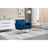 Velvet Single Sofa Chair, Mid-Century Button Tufted Upholstered Accent Living Room Chair with Golden Metal Legs, Comfy Armchair Leisure Lounge Chair with Wide Backrest and Armrest for Bedroom, Navy