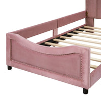 Twin Platform Bed Frame, Fleece Fabric Upholstered Daybed with Classic Stripe Shaped Headboard and Nail Head Trims, Aesthetic Sofa Bed Frame for Girls Boys, Pink