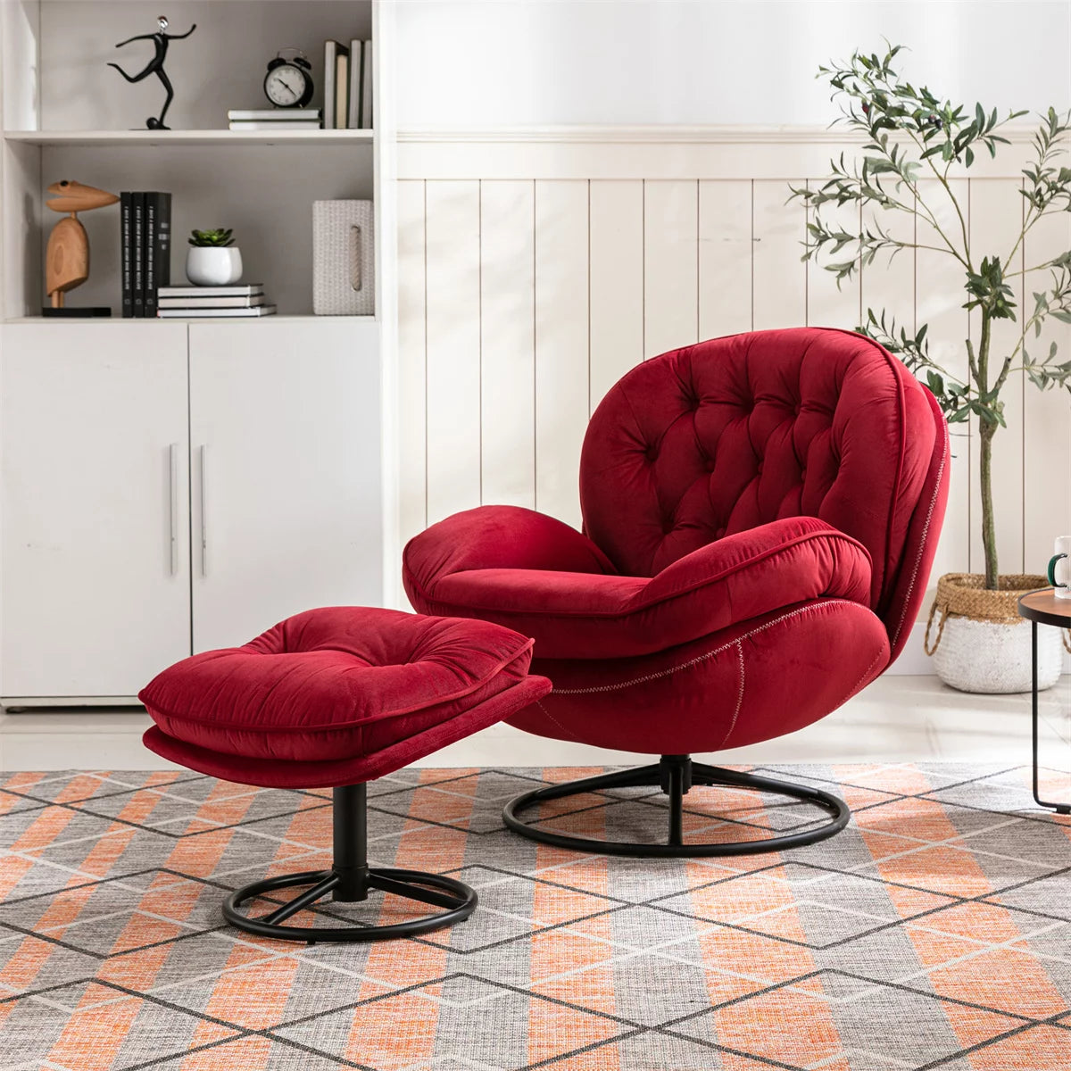 Velvet Swivel Accent Chair with Ottoman,Modern Chaise Lounge with Footstool,Comfy Armchair TV Chairs with Metal Frame and Legs for Living Room,Bedroom,Office,Red