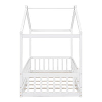 Twin House Bed, Solid Wood Floor Bed Frame with Safety Fence and Roof, Fun Montessori Bed, Playhouse Bed for Children Boys Girls, White