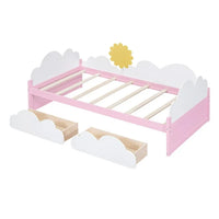 Girls Twin Size Bed with Clouds and Sunflower Decor, Solid Wood Platform Bed Frame with 2 Drawers, Twin Bed Frame with Sturdy Slats Support for Kids Bedroom, No Box Spring Needed, Space-Saving Design