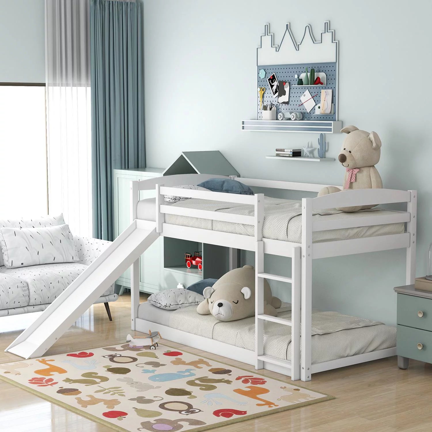 Twin Over Twin Floor Bunk Bed with Convertible Slide and Ladder, Wood Low Bunk Bed Frame for Kids Teens, No Box Spring Required, White, 79.2" L x 83.4" W x 49.2" H