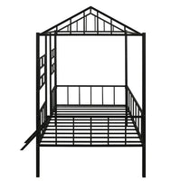 Twin Size House Bed, Metal House Bed Frame with Slatted Support, Low Loft Bed for Kids with Ladder and Full-Length Guardrail, Playhouse Bed with Roof, Window and Door Design for Boys and Girls, Black