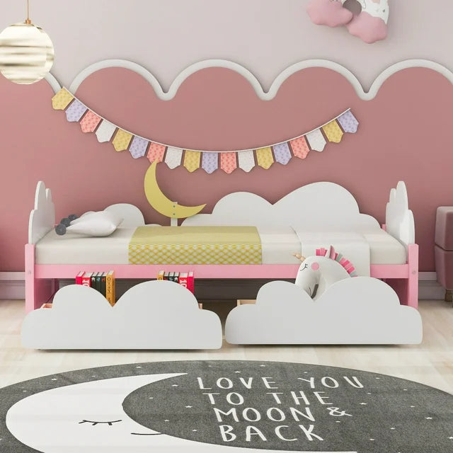 Twin Size Daybed with 2 Storage Drawers,Wood Platform Bed with Clouds and Crescent Moon Decor,Twin Bed Frame for Kids Girls Boys,White+Pink