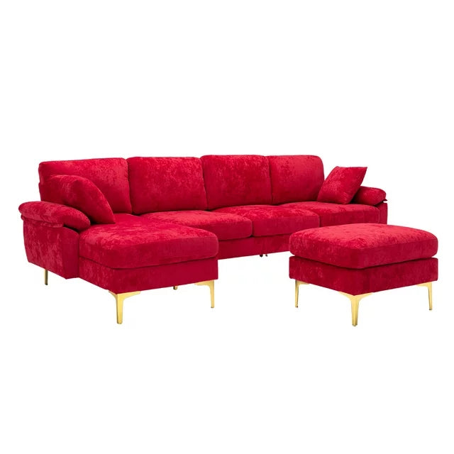 U-Shaped Sectional Sofa Couches with Movable Ottoman, Upholstered Accent Sofa Futon Sleeper Sofa with Extra Wide Double Chaise, 114.42'' Modular Sofa with 2 Pillows & Golden Metal Legs, Teal Red