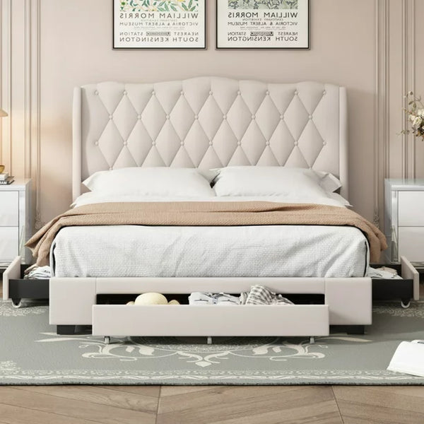 Velvet Queen Size Platform Bed with 3 Drawers,Upholstered Bed with Wide Headboard,Platform Bed Frame,No Box Spring Needed, Beige