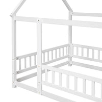 Full Size Floor Wooden Bed with House Roof Frame, Fence Guardrails ,White