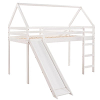 Twin Size Loft Bed with Slide, Kids Loft Bed with House and Roof Design, Low Loft Bed Frame with Built-in Ladder and Safety Guardrail, Solid Wood Twin Loft Bed for Kids Boys and Girls, White