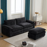 Sectional Sofa Chenille Loveseat Sofa Couch with Ottoman, Modern Deep Seat Sectional Sofa Comfy Upholstered Sofa Couch with Double Layer Seat Cushion for Living Room, Apartment, Studio, Office, Black