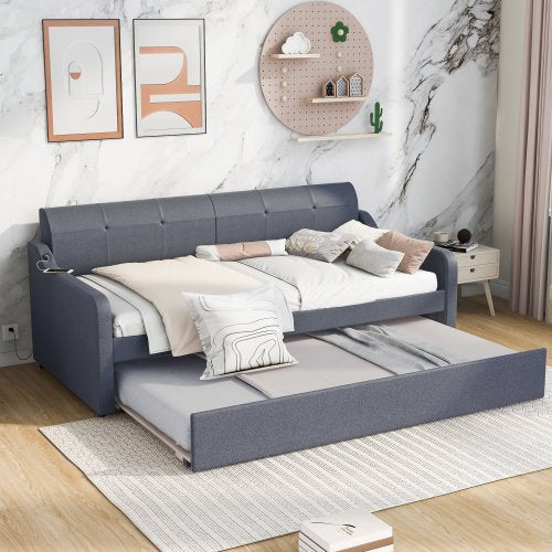 Twin Size Modern Sofa Bed Frame, Upholstery Daybed with Trundle and USB Charging Design,Trundle Can be Flat or Erected