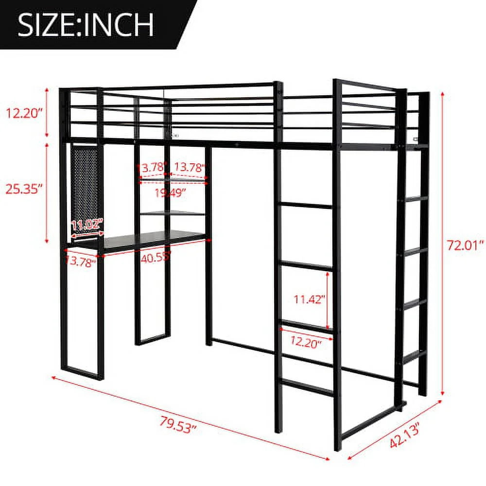 Twin Loft Bed with Desk and Shelves for Teens Adult, Loft Bed Frame with 2 Built-in Ladders, 12.2