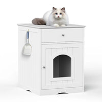 Wooden Pet House Cat Litter Box Enclosure with Drawer, Side Table, Indoor Pet Crate, Cat Home Nightstand, Hooded Hidden Pet Box, Cats Furniture Cabinet, Kitty Washroom, Pet Nightstand, White