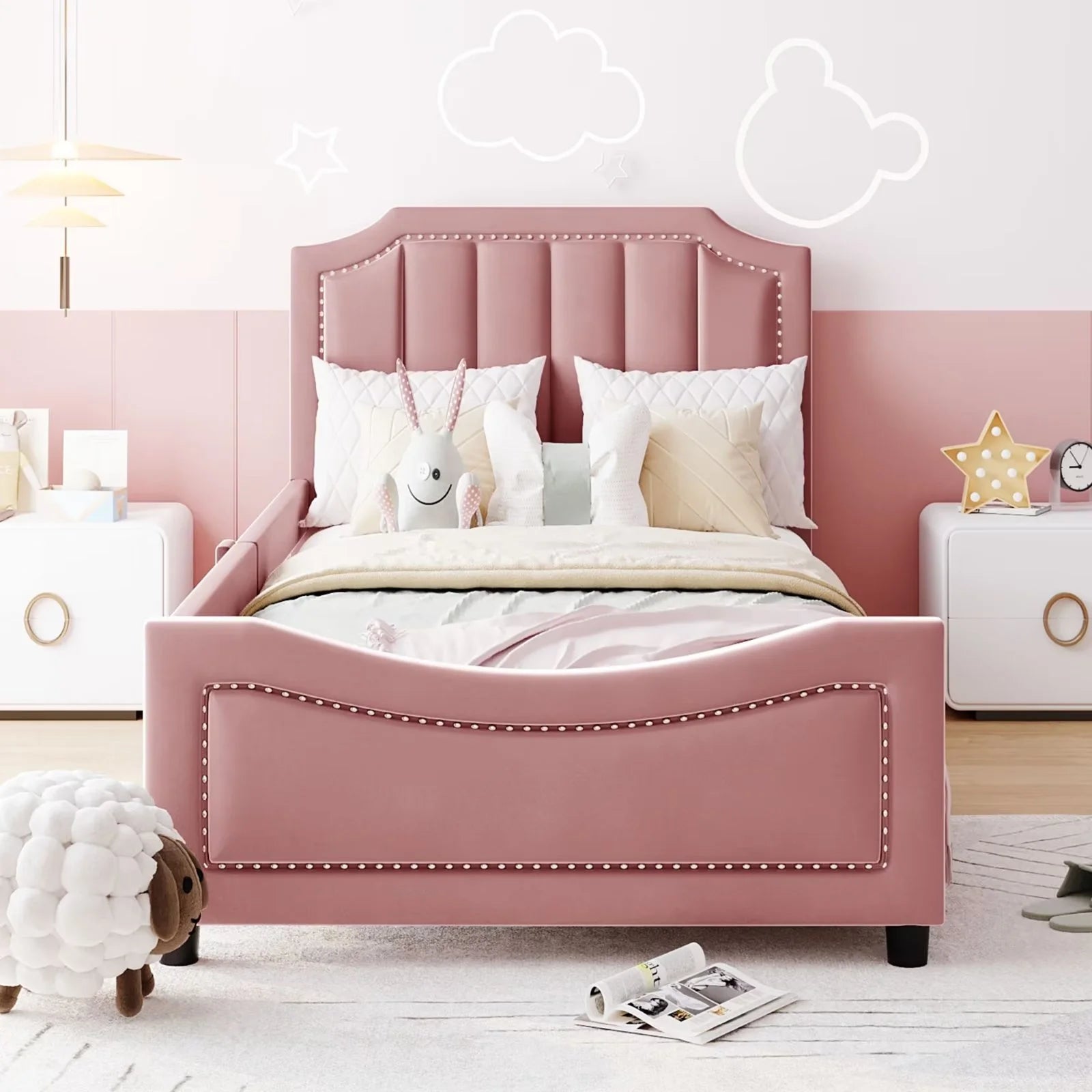 Twin Platform Bed Frame, Fleece Fabric Upholstered Daybed with Classic Stripe Shaped Headboard and Nail Head Trims, Aesthetic Sofa Bed Frame for Girls Boys, Pink