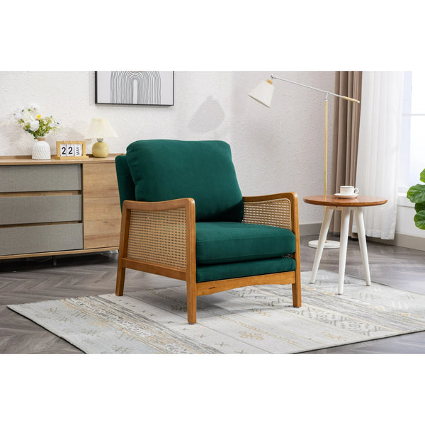 Accent Chair, Mid-Century Modern Arm Chair with Solid Wood Armrests and Legs, Upholstered Velvet Lounge Chair with Thick Backrest and Seat Cushion for Living Room Bedroom Balcony Studio, Green