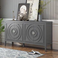 Accent Storage Cabinet with Adjustable Shelves, Wood Sideboard Buffet Cabinet with Round Shaped Doors and Metal Handle, Aesthetic Console Table Sofa Table for Living Room Entryway, Grey